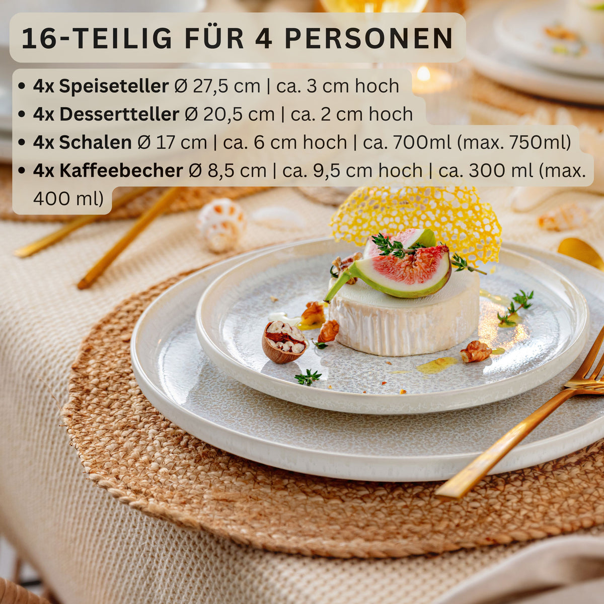 SÄNGER Stoneware Dinnerware Set Corfu, 16-Piece Combi Set for 4 People