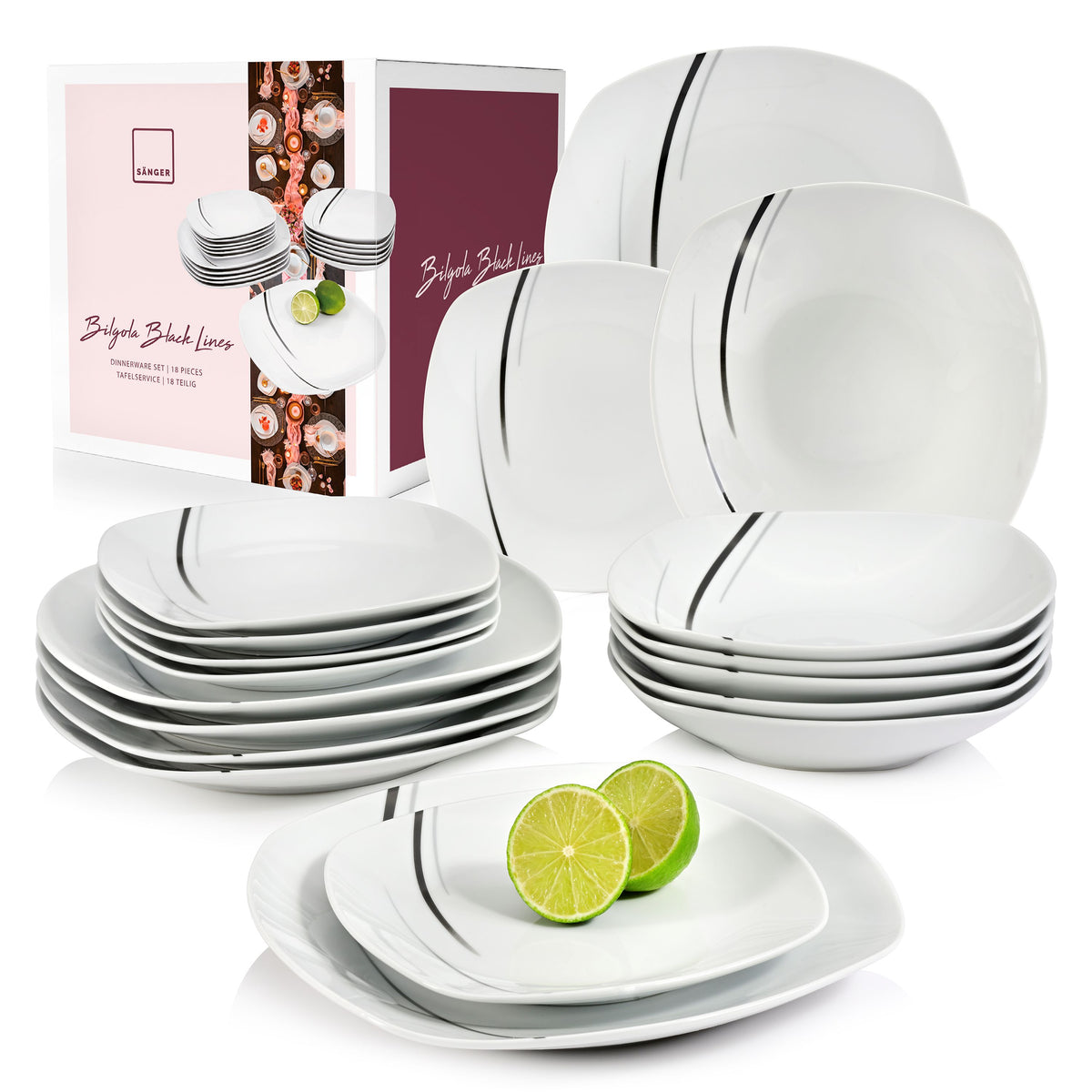 SÄNGER Porcelain Dinnerware Set Bilgola Black Lines, 18-Piece Dinner Service for 6 People